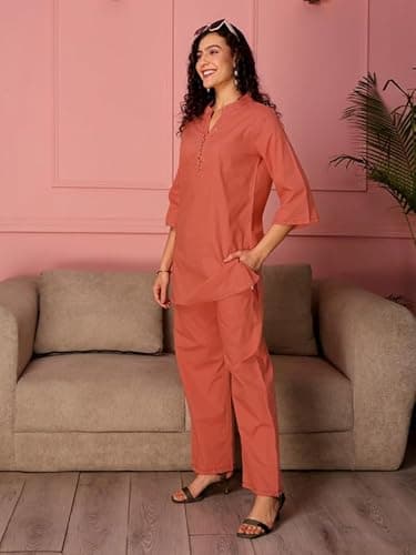 TITTLI Women Pure Cotton Co-Ord Set | Straight Tunic & Trouser Set | Mandarin Collar 3/4 Sleeve and elasticed Waistband Casual Two Piece Outfit | M | L | XL | XXL Peach 4