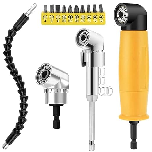 Right Angle Drill Attachment Set, Including Flexible Drill Bit Extension, 3pcs Angle Extension Power Drill Attachment with 1/4'' Hex Impact Shank, Screwdriver Bit Set (Yellow)