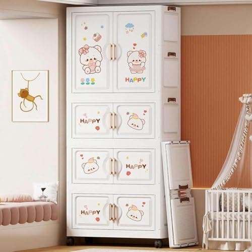 EXVITO Plastic Wardrobe for Cloth with Drawers & Hanging Rod | Baby Cupboard for Clothes Storage | Foldable Collapsible Plastic Almirah for Kids | Cartoon Design Cabinet for Bedroom - Butter Bear