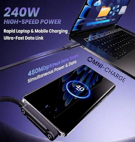 240W USB C to USB C Fast Charging Cable with Foldable Adjustable Phone Stand, PD Type C Braided Charger Cord 1.5M for Gaming, Desk, iPhone 15/16, Samsung, MacBook & Laptops 3