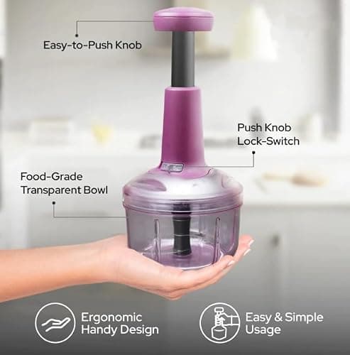 Super Mom TRINGO 6-Blade Hand Press Food Chopper – Effortless Manual Push Vegetable Cutter & Fruit Slicer with Whisking Blade | Heavy Duty Mincer for Onions, Nuts & Herbs | BPA-Free Dicer (Multicolor) 4