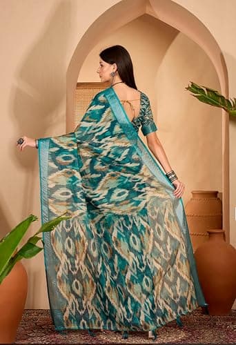 OYZO Women's Silk Blend Saree with Ikat Print, Teal and Beige, Traditional Indian Ethnic Wear 5