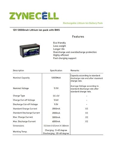 ZyneCell® - 12V 12Ah Rechargeable Lithium Ion Battery with BMS for Agriculture spray pump, Inverter, CCTV Camera, Solar light,Toys, Indurstial, Marine and RV Applications etc. 4