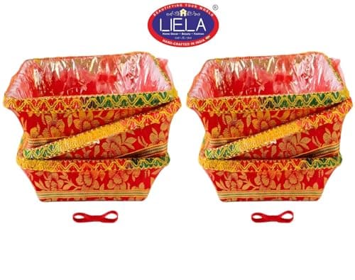 LIELA Decorative Gift Basket, Red with Gold Floral Design, Square, 20x30 cm, Set of 6 for Diwali, Rakhi, Wedding, Navratri, pooja etc. pack variety of items and make premium gift hamper 2