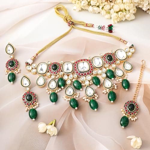 Rubans 24K Gold-Plated Kundan & Green Beaded Choker Necklace Set with Red Stone Accents 4