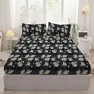 DECOMIZER Cotton Feel All Around Elastic Fitted Glace Printed King Size Double Bed Bedsheet with 2 Large Pillow Covers Fits Upto Mattress of 8 Inches,Size - 72 x 78 x 10 Inches, Dark Grey Lily