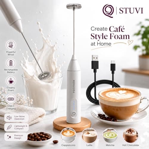 STUVI Coffee Frother Electric Rechargeable, Handheld Milk Frother for Coffee, Latte, Cappuccino & Hot Chocolate, USB Rechargeable Coffee Maker Machine with Dual Spring Stainless Steel Whisk 2