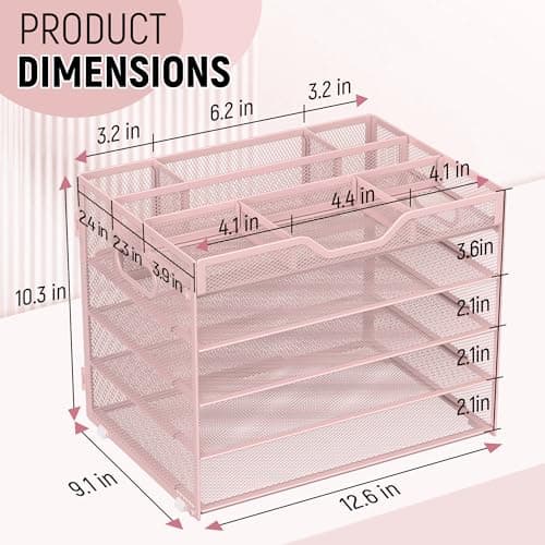 DocNest 5 Tier Mesh Desk Organizer- Letter Tray with Adjustable Compartments, Built in Pen Holder and Handles, Stackable Paper Organizer for Paper Mail Documents Office Supplies–Pink 3