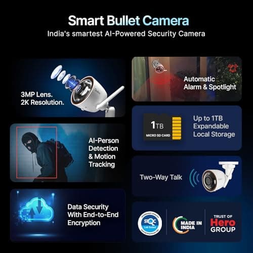 Qubo Smart Outdoor 3MP [2K] WiFi Bullet Camera [2026 Edition] by Hero Group | STQC Certified | Color NightPulse Vision | CCTV cam | AI Person Detection | IP66 Rating | Made in India 2