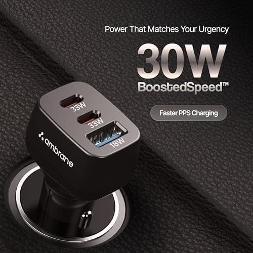 Ambrane 84W Triple Output Fast Car Charger with 2 Type-C & 1 USB, 33W Type C Charging with PD Technology, Fast Charging Adapter Compatible with Cars for iPhone & Android Smartphones (Charge C84,Black) 3
