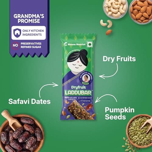LADDUBAR Dryfruit Energy Bars | 10% Protein | 96% Dryfruits & Dates | Purchase one get one | Gluten Free | No Refined Sugar | Fasting Friendly | Mama Nourish | Pack of 1(5 Bars x 35g) | As Seen on Sha 5