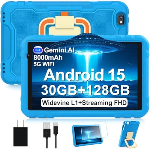 2025 10" Android Tablet 15 Tablets 30GB RAM 128GB ROM 1TB Expand, 8000mAh Octa-Core Tablet with Drop Proof Case, Gemini AI, HD IPS Screen, GPS, 5G WiFi, Split Screen, Widevine L1 - Blue