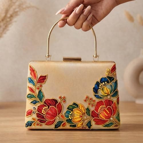 Artklim Printed Gold Floral Embellished Embroidery Clutch Bag for Women with Handle & Detachable Chain Strap | Designer Wedding Festive Evening Handbag 2