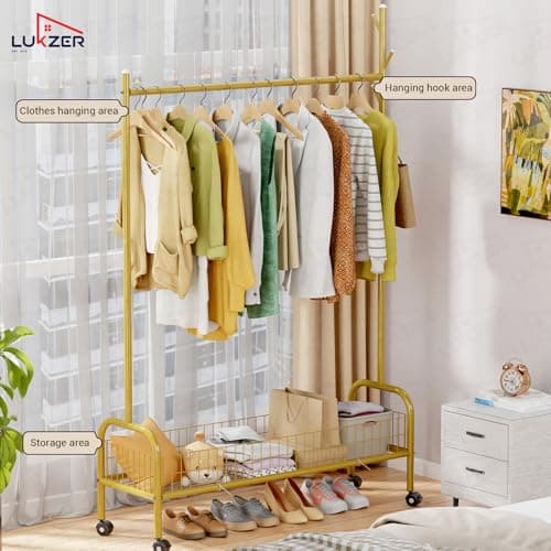 Lukzer | MGR-003 | Gold | Metal Clothes Hanging Stand with Wheels, Bottom Shelf & Single Rod – Stylish Garment Rack & Cloth Organizer for Entryway, Dressing Room & More | 173 x 110 x 35 cm 3