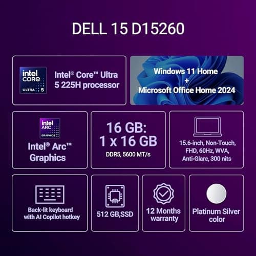 Dell 15 AI Powered Laptop, Intel Core Ultra 5 225H, 16GB DDR5 RAM, 512GB SSD, 15.6" FHD Anti-Glare Display, Intel Arc Graphics, Dedicated Copilot Key, Backlit Keyboard, Silver, Win11 Home + MSO H&S'24 2