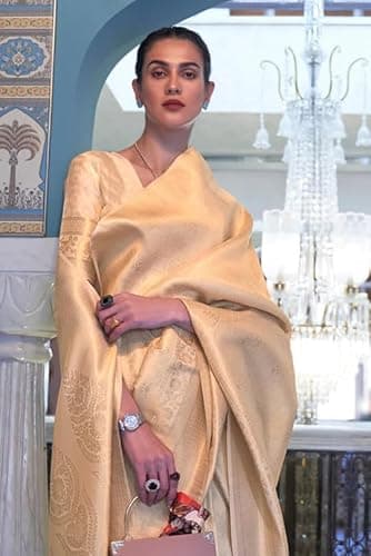 Swornof Women's Chanderi Linen Saree (Cottonlleave-8888_Cream) 3