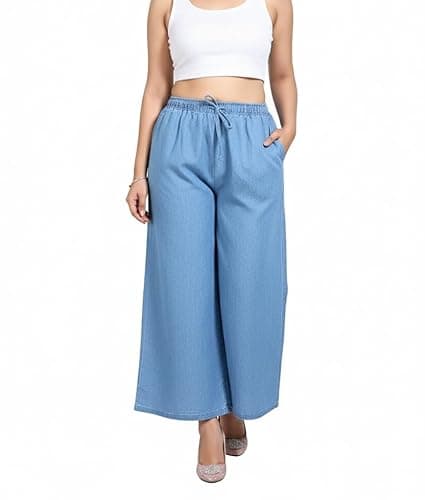Shirpav Women's Denim Cotton Palazzo Pants, Light Blue | Regular Fit Palazzo Pant | Mid Rise | Size: S to 6XL (in, Alpha, 3XL)