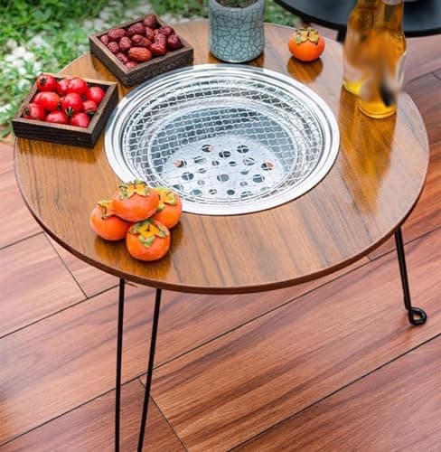 Inditradition Portable Freestanding Charcoal BBQ Grill Table & Fire Pit for Indoor & Outdoor Picnic, With Round Self Service Wooden Space & 6 Tools (65 cm, Round) 4