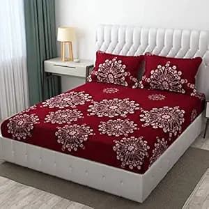 DECOMIZER Cotton Feel Glace Cotton Elastic Fitted Printed King Size Double Bed Bedsheet With 2 Pillow Cover 300 tcm Fits Upto 8 Inches Mattress,Size- 72X78X10 Inches,Wine Damas