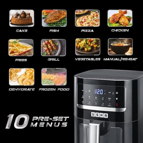 USHA Ichef Smart Air Fryer 4.5L,10 In 1 Functions10 Preset Menu|Digital Display&Touch Panel|Transparent Window|Illuminated Chamber|Turbo Air Circulation|Oil Free Cooking|Auto Pause/Start(Black),1350W 5