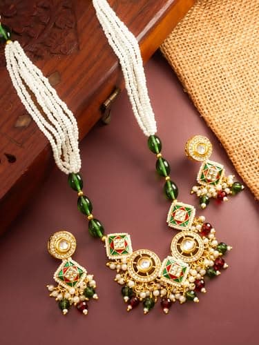 BEVOGUE Traditional Necklace Set with Earrings | Brass Gold Plated Jewellery with Multicolor Stones & Pearls | Trendy Ethnic Jewellery Set | Ideal Gift Choice for Women (NK4836) 2