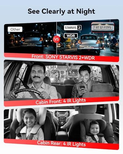 REDTIGER F17 Plus 4 Channel Dash Cam, 2.7K+3*1080P Car Camera, 360° View with Dual Rotatable Inside Lenses, STARVIS 2 IMX675, IR Night View, Free 128GB Card, 5GHz WiFi GPS, Voice Control, Touchscreen 4