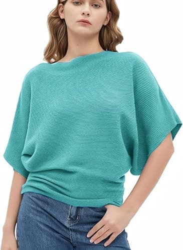 Zilcon Woman Fashion Ribbed Batwing Sleeves Bagy Balloon Style Fit Tops for Women Women Formal, Casual, Office, Date, Outing, Party Tops (in, Alpha, S, Regular, Turquoise)