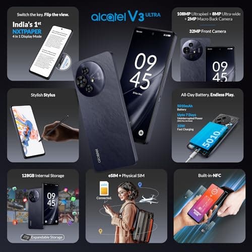 Alcatel V3 Ultra 5G (Ocean Grey, 8GB+128GB) | India’s 1st Patented NXTPAPER Superior Display |Segment's 1st Smartphone with Stylus | 108MP Ultra Pixel Camera | eSIM, NFC | with Charger 3