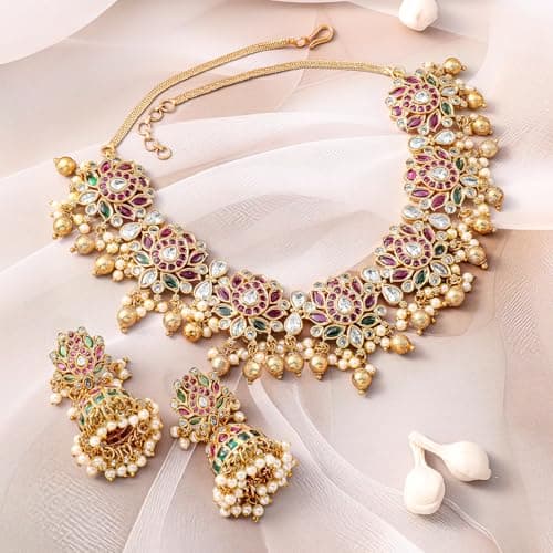 Rubans Womens 22K Gold-Plated Ruby Pink, Emerald Green & White Kundan Studded Pearl Beaded Necklace Set 3