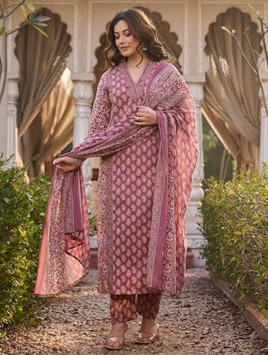 Arayna Women’s Cotton Printed Kurta Set with Pants & Dupatta | Elegant Ethnic Wear for Women | Floral Print | Comfortable Suit Set, Mauve Pink, X-Large 3