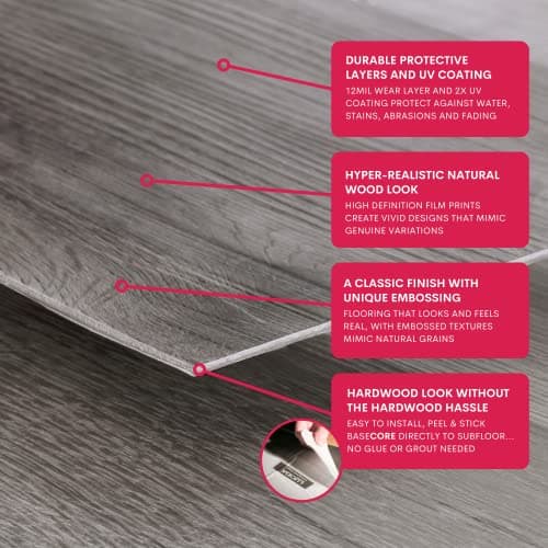 Luxury Vinyl Flooring Tiles by Lucida USA | Peel and Stick Floor Tile for DIY Installation | 36 Wood-Look Planks | Kiln | BaseCore | 54 Sq. Feet 2