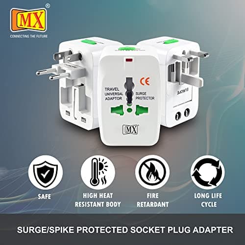 MX Universal Travel Adapter International All in One Worldwide Travel Multi Plug Adapter with Build in Single Port USB Charger Multi Type Power Outlet for USA EU UK AUS Cell Phone Laptop smart Phone 3