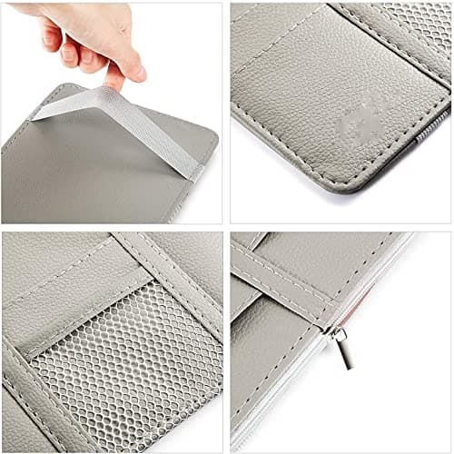 HSR Car Sun Visor Organizer, Sunglass Pen Card Small Document Storage Pouch Holder, PU Leather, Multi-Pocket with Zipper Net (Brown) 4