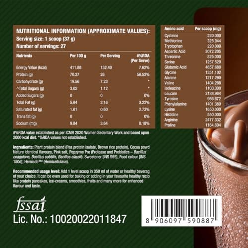 Fast&Up Plant Protein Powder with Rich Chocolate Flavour | Pea Isolate & Rice Protein | 26gm Protein Per Serve | Complete Amino Acids with 4.6g BCAA | Smooth & Tasty with No Added Sugar | Easy to Dige 2