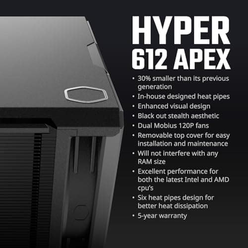 Cooler Master Hyper 612 APEX CPU Air Cooler, Dual Mobius 120 PWM Fan, Superconductive Composite 6 Copper Heat Pipes, 159mm Tall, Sleek Top Cover, AMD Ryzen AM5|AM4, Intel LGA 1851|1700 Brackets 2