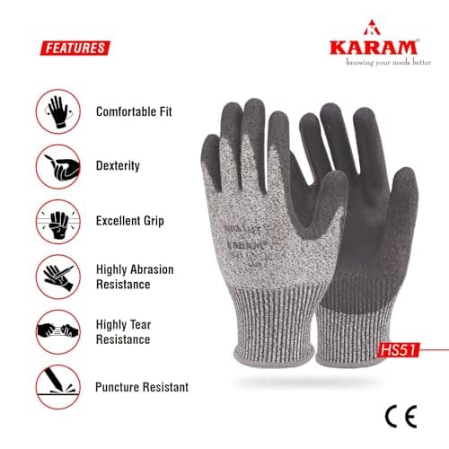 Karam HS51 Safety Gloves for Mechanical Hazards | Safety Work Gloves with HPPE Liner with Black PU Coating | Abrasion, Tear & Puncture Resistant | Cut Resistant with Multipurpose Use | Size-M 4