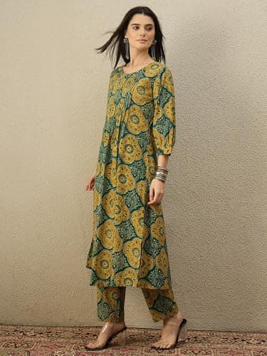 INDO ERA Women's Pure Cotton Printed Ethnic Motifs A-Line Kurta & Pant Set | Co Ord Set For Women Stylish 4
