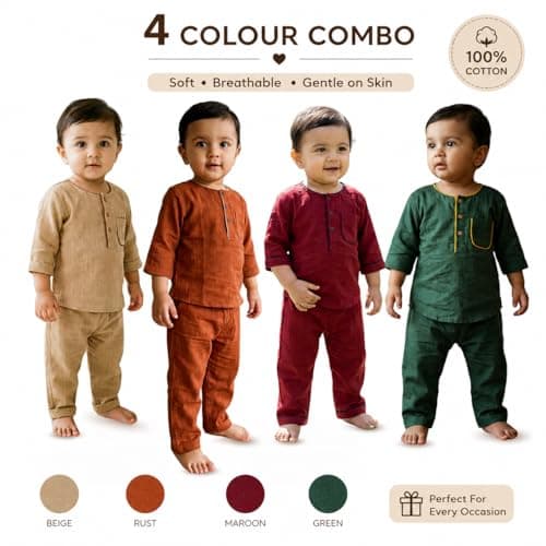 KOSHMOSH Pack of 4-Green, Brown, Rust, Maroon Baby Boys Night Suit 3/4 Sleeves Co-Ord Nightwear Set - Pure Cotton- Soft, Comfy & Perfect for Sleep Time 2