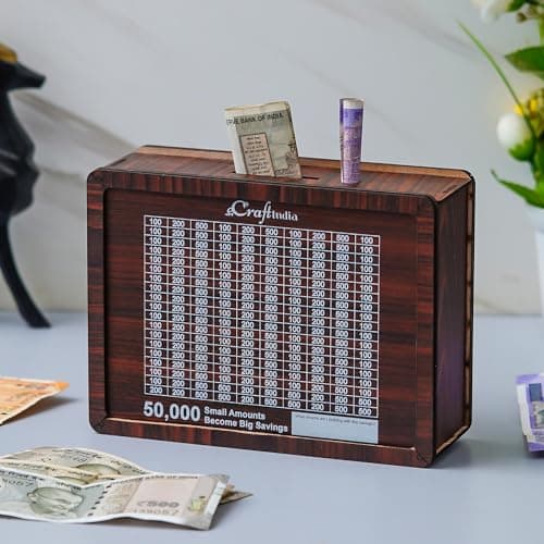 eCraftIndia Wooden Piggy Bank for Kids Girls Boys Adults | Coin Box with Numbers | 50,000 Rs Goal Tracker | Donation Box | Money Box | Money Saving Box for Adult | Piggy Bank for Kids Return Gift