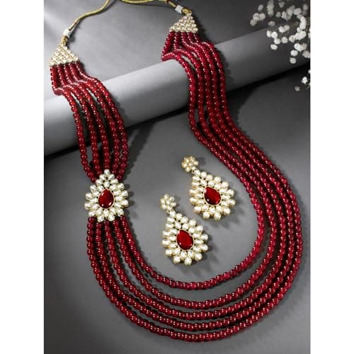 Peora Indian Traditional 18K Gold Plated Kundan Pearl Maroon Long Necklace with Earring Jewellery Set for Women Girls 2