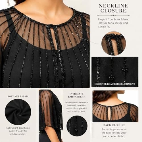 LOOMAURA Women's Black Festive Glam Pearl Net Cape Ponchu | Designer Party Overlay. 4