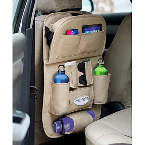 Tradesk Car Back Seat Organiser, Multi-Pocket Storage Bag with Cup Holders, Seat Protector for Kids and Pets, Backseat Accessory, Beige 2