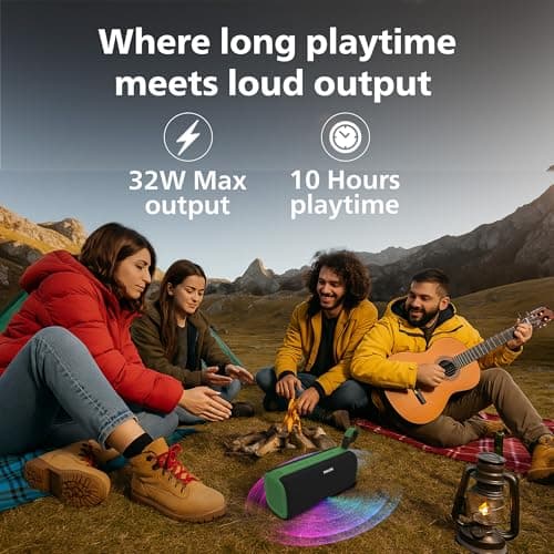 PHILIPS Audio TAS2400GR Portable Bluetooth Speaker with Stereo Sound, 32W RMS, 2400mAh Rechargeable Battery, BT v5.3 Connectivity, IPX4 Waterproof, Supports TF/USB/BT Modes with Hanging Strap (Green) 4