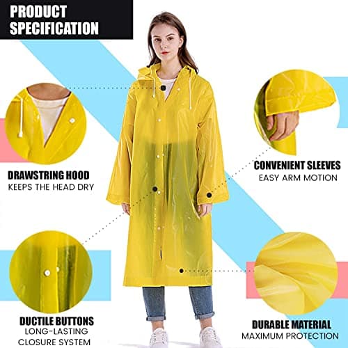 EVA Waterproof Raincoat for Men Women | Hooded Full Sleeve Rainwear Poncho | Lightweight Reusable | Outdoor Travel, Camping & Hiking Rain Protection (Universal Size, 1Pc, Yellow) 5