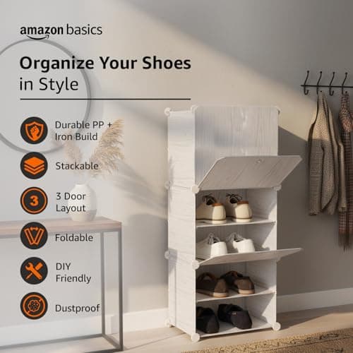 amazon basics Plastic Shoe Rack | 3-Door | 44.5 × 32 × 95.5 cm | Grey Wood Grain | PP + Iron | Stackable, Dustproof, Foldable & Easy Assembly 2