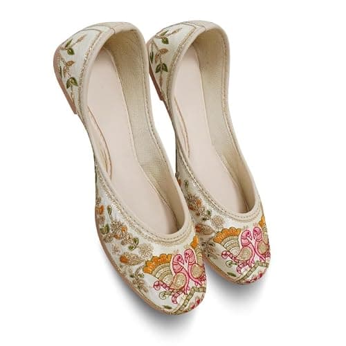 DFR Womens Embroidered Rajasthani Mojari Juti Shoe, Cream1, UK Size 6 5