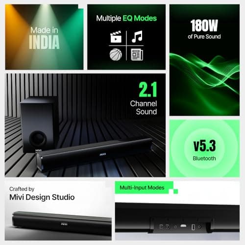Mivi Fort Hip-Hop 1000 Soundbar | 180 Watts Home Theater Speaker | 2.1 Channel Sound Bar for Smart TV with Wired Subwoofer | Bluetooth v5.3 | Multiple EQ & Input Modes | Made in India 5