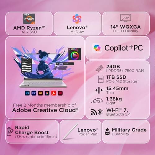 Lenovo Yoga 7 2-in-1 AMD Ryzen AI 7 350 (24GB RAM/1TB SSD/14 (35.5cm)/WUXGA OLED/50 Tops NPU/Copilot+ PC/Windows 11/Office Home 2024/Yoga Pen/1Yr ADP/Seashell/1.38Kg), 83JR001EIN Convertible Laptop 2