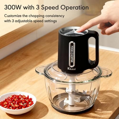 Rico 3 Litre Electric Chopper with Stainless Steel Bowl | 300W Motor | 3 Speed Modes | 4 Stainless Steel Blades | Vegetable & Onion Cutter with Garlic Peeler & Whipper (Transparent.) 4