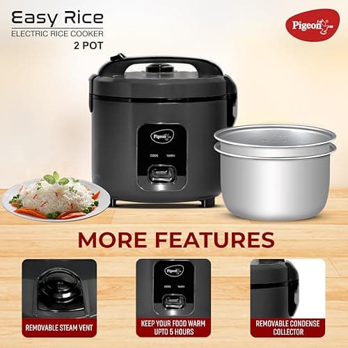 Pigeon Easy 3L Electric Rice Cooker with 2 Pots, Keep warm function, Steam basket, Spatula & Measuring cup (Grey) 5